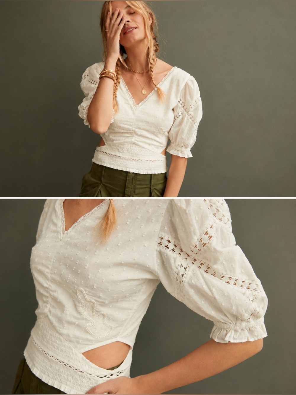 Anthropologie Forever That Girl White Swiss Dot Puff Sleeve Cutout Top NWT